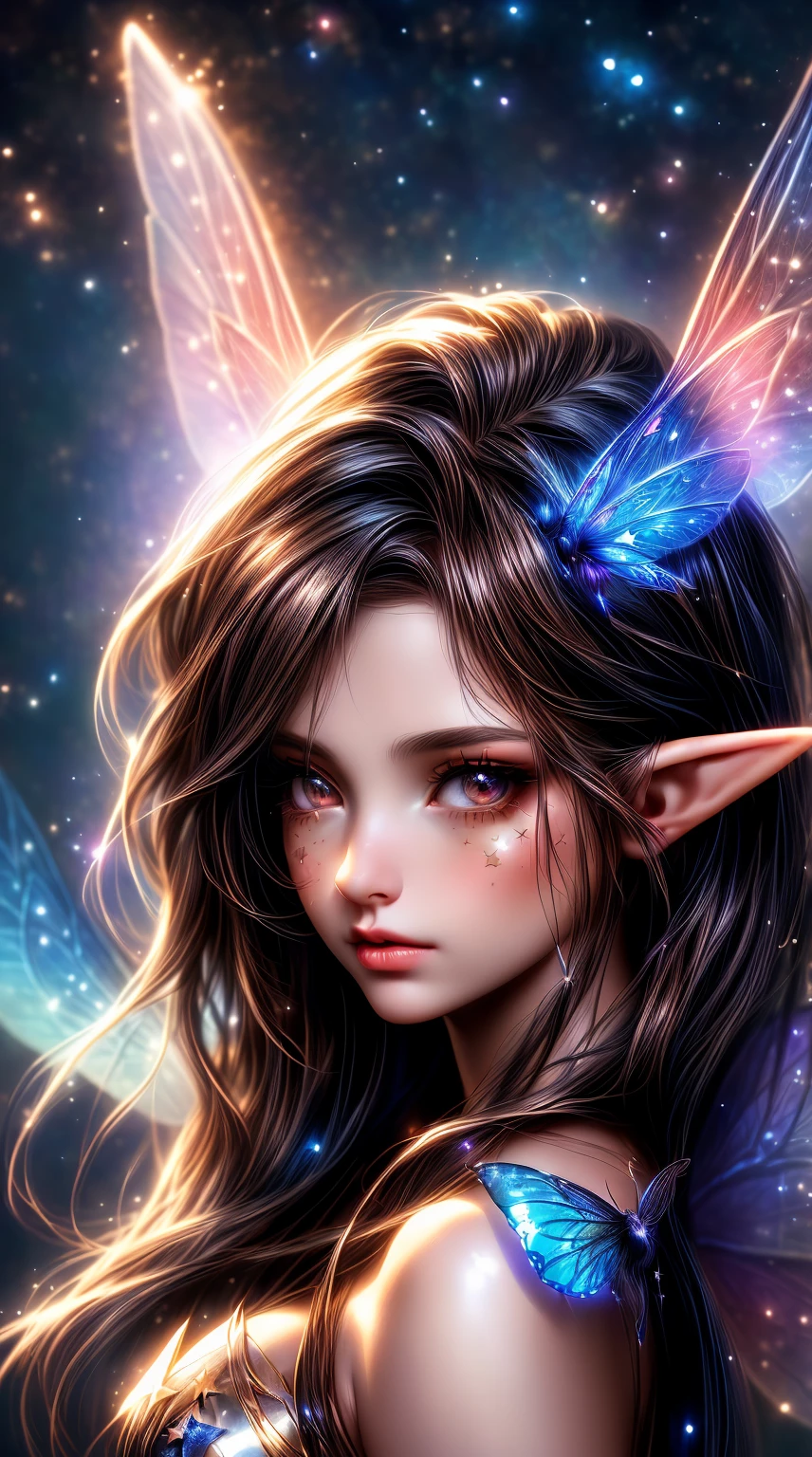 a close up of a woman with a fairy wings and stars, portrait of a fairy, beautiful fantasy art, fantasy gorgeous lighting, beautiful fairy, fantasy art style, beautiful digital artwork, portrait of fairy, brunette fairy woman, beautiful fantasy art portrait, very beautiful fantasy art, brunette elf with fairy wings, digital fantasy art ), beautiful fairies, glowing with magic, beautiful fantasy portrait