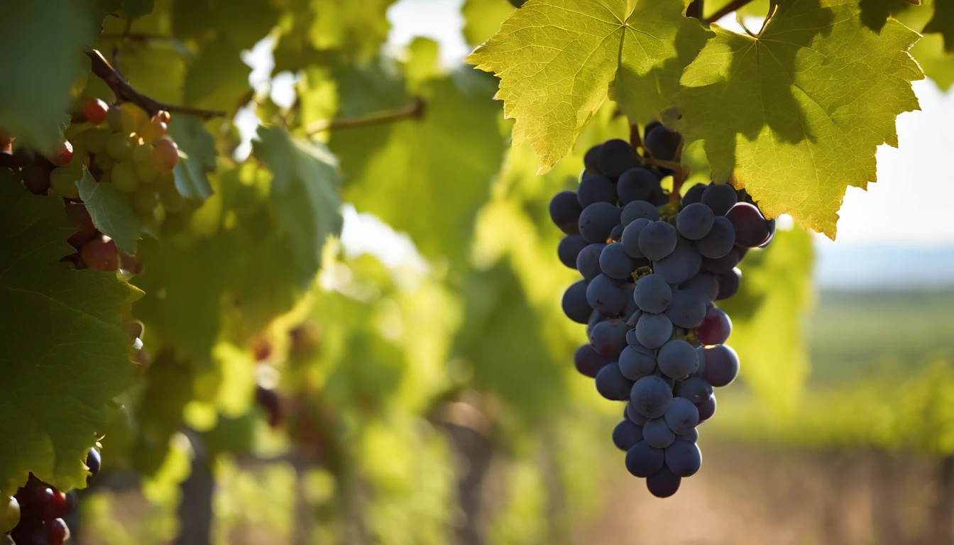 a high-resolution shot of a grapevine in a vineyard, with lush green leaves and clusters of grapes, evoking the beauty and abundance of nature’s harvest