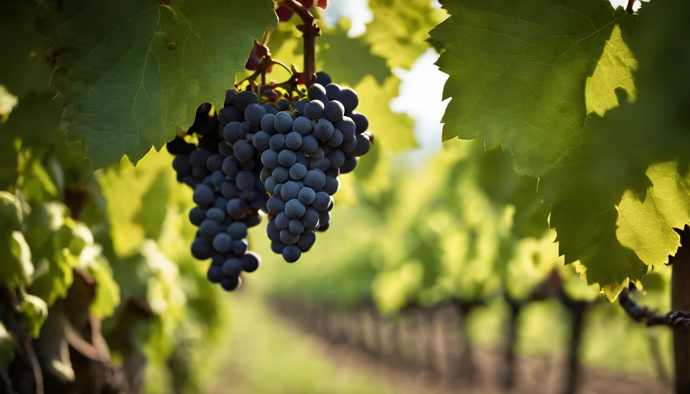 a high-resolution shot of a grapevine in a vineyard, with lush green leaves and clusters of grapes, evoking the beauty and abundance of nature’s harvest