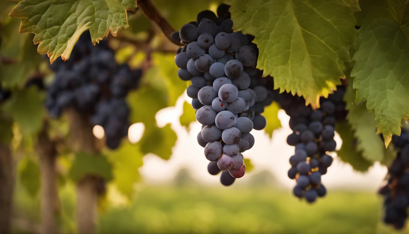 a high-resolution shot of a grapevine in a vineyard, with lush green leaves and clusters of grapes, evoking the beauty and abundance of nature’s harvest