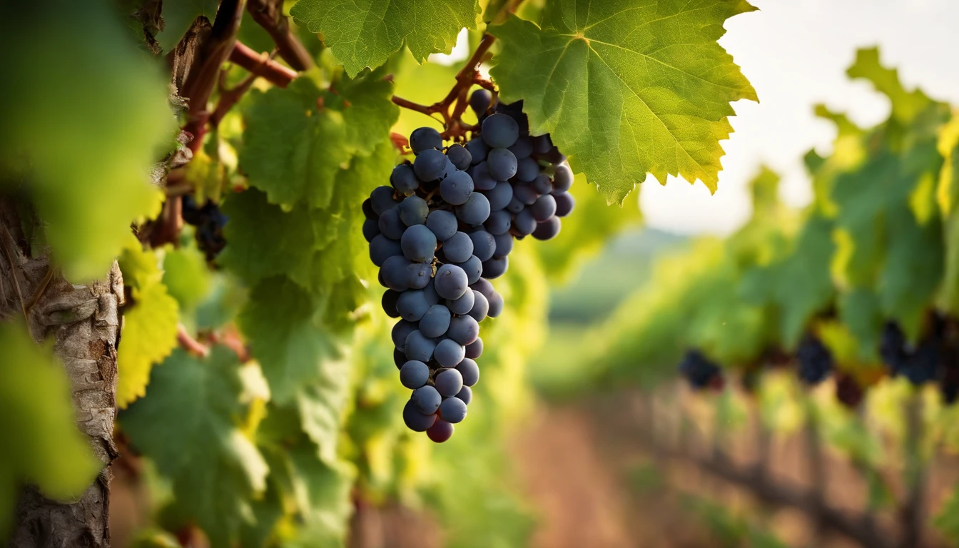 a high-resolution shot of a grapevine in a vineyard, with lush green leaves and clusters of grapes, evoking the beauty and abundance of nature’s harvest