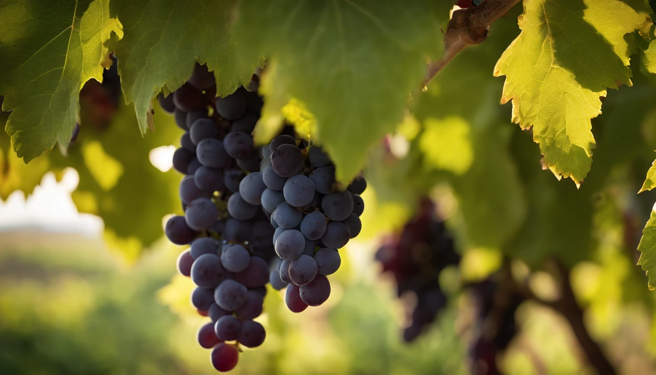 a high-resolution shot of a grapevine in a vineyard, with lush green leaves and clusters of grapes, evoking the beauty and abundance of nature’s harvest