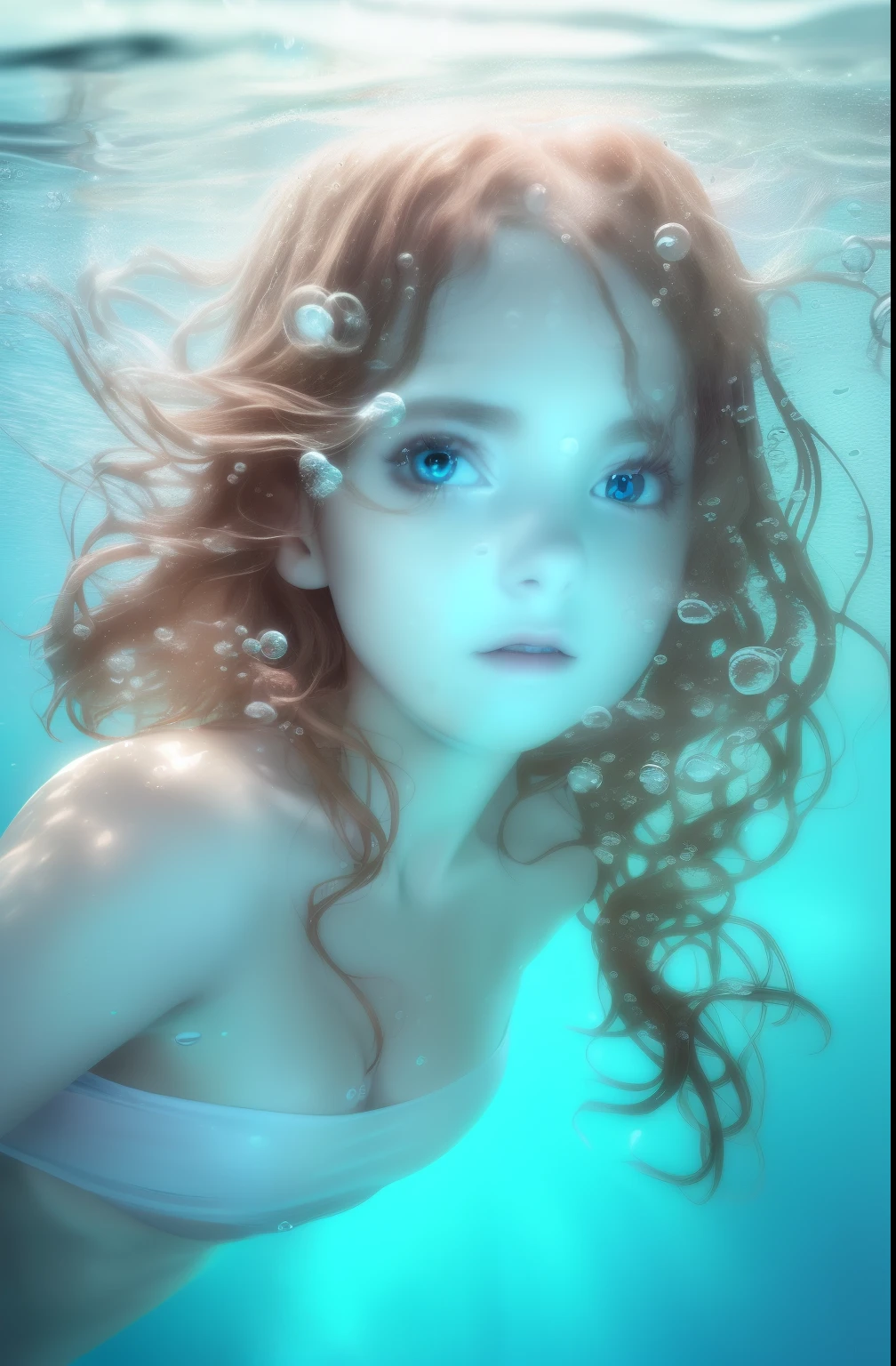 masterpiece, photorealistic, headshot of one girl, swimming underwater, white top, bare shoulders, beautiful girl face, natural fine hair movement underwater, bubbles, vivid and realistic, dramatic, sharp focus, 8K