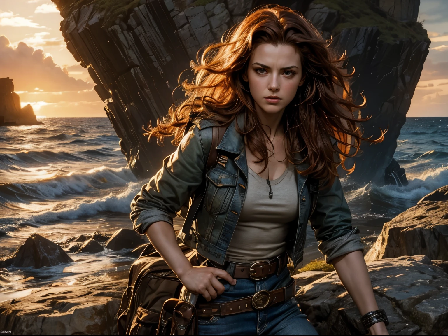 Photorealistic, book cover mockup, dramatic lighting, close-up of Amy Manson on right hand side, scruffy canvas jacket and jeans, keffiyeh, belt with gun holster, long curly red hair, fierce expression, stone jetty on remote Scottish island, at sunset