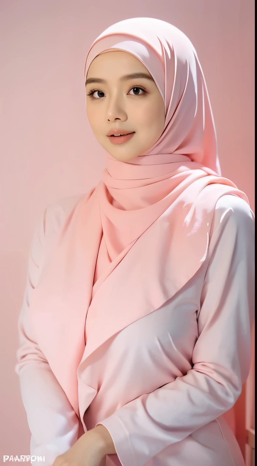 1 malay girl , modern plain hijab, shy, medium portrait shot , watery eyes , pink glowing particles, wear pastel pink lingerie,(( big breast)), pink light bokeh background, proportional body,