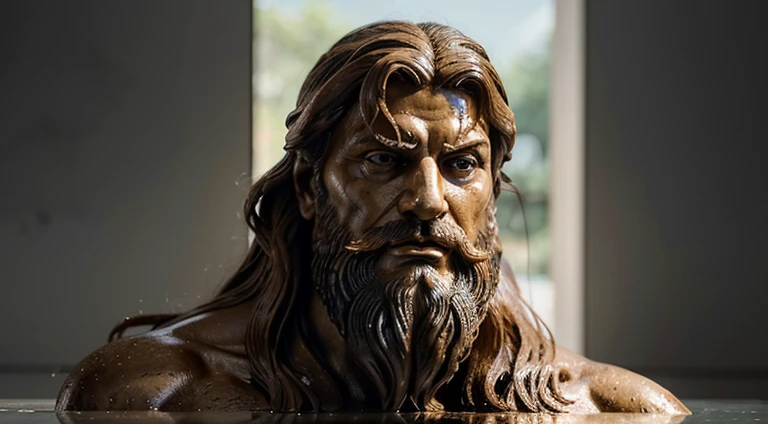Create an artistic vision of a contemporary sculpture inspired by Greek aesthetics, depicting Seneca. Describe the facial features, sculpted muscles and deep expression. Highlight the long beard and flowing hair, conveying a feeling of introspection and reflection.
