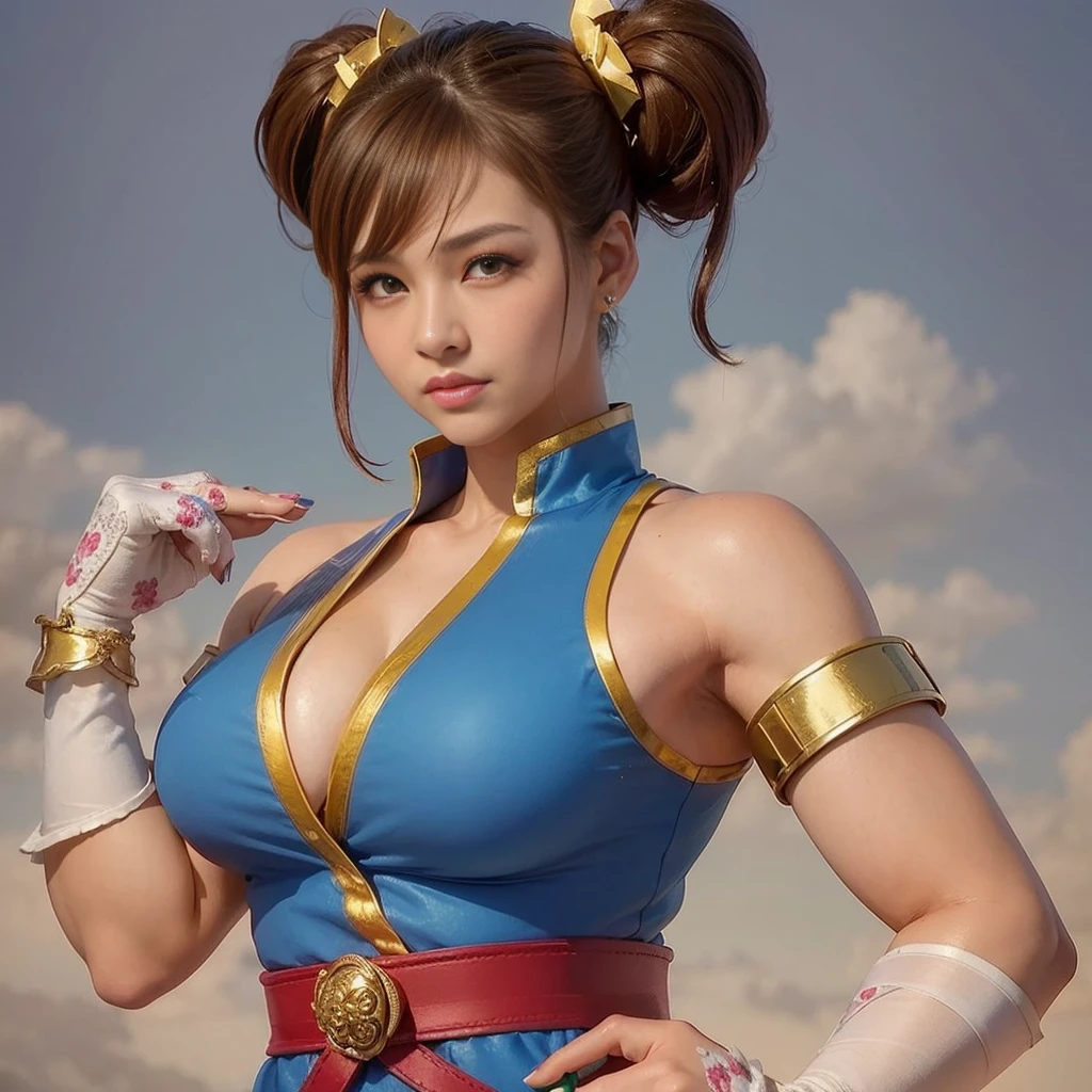 Chun Li, "rosto delicado, olhos verdes bem claros, bochechas rosadas, blonde hair, vestido floral, campo ensolarado, oil painting, ultra-detalhado, vivid colors, soft lighting, fotorrealista", cabelo com pontas vermelhas