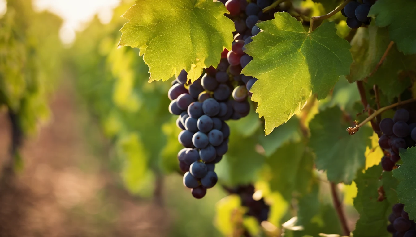 a high-resolution shot of a grapevine in a vineyard, with lush green leaves and clusters of grapes, evoking the beauty and abundance of nature’s harvest
