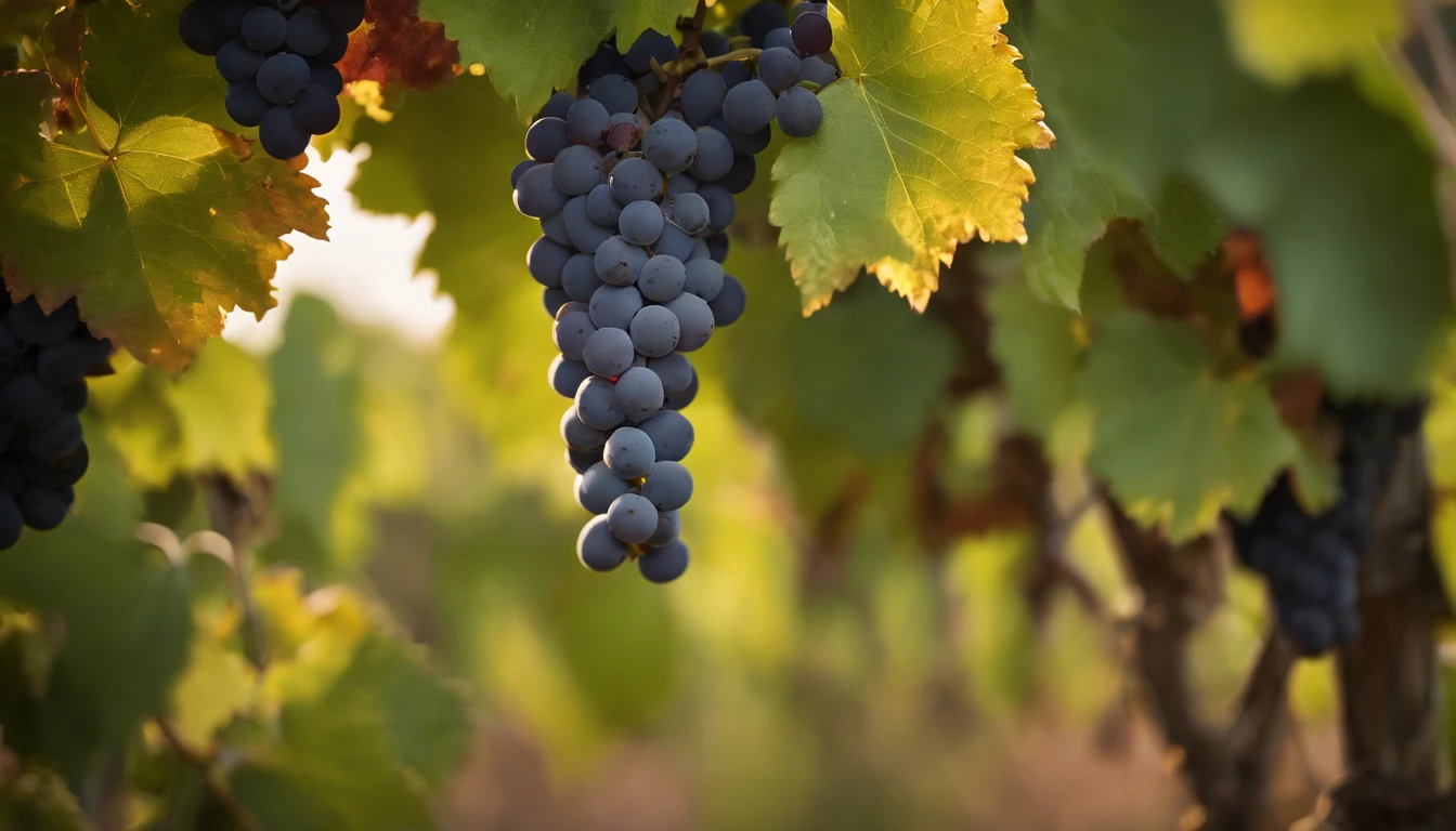 a high-resolution shot of a grapevine in a vineyard, with lush green leaves and clusters of grapes, evoking the beauty and abundance of nature’s harvest