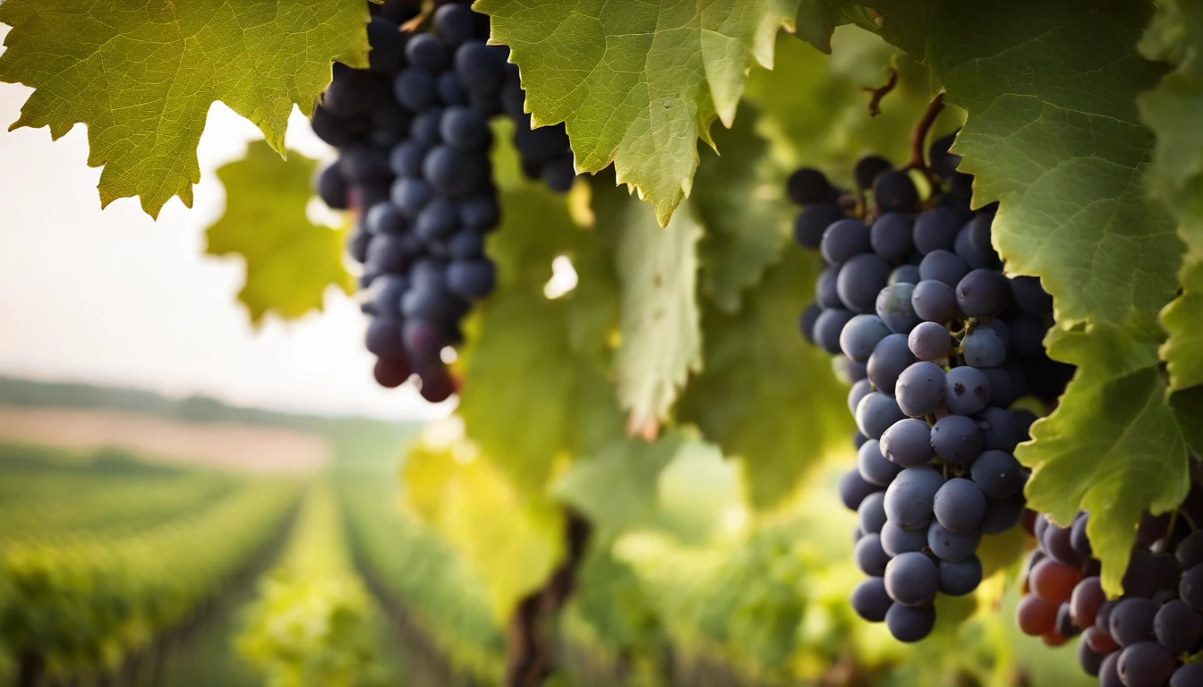 a high-resolution shot of a grapevine in a vineyard, with lush green leaves and clusters of grapes, evoking the beauty and abundance of nature’s harvest