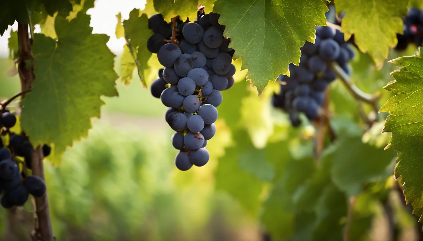 a high-resolution shot of a grapevine in a vineyard, with lush green leaves and clusters of grapes, evoking the beauty and abundance of nature’s harvest