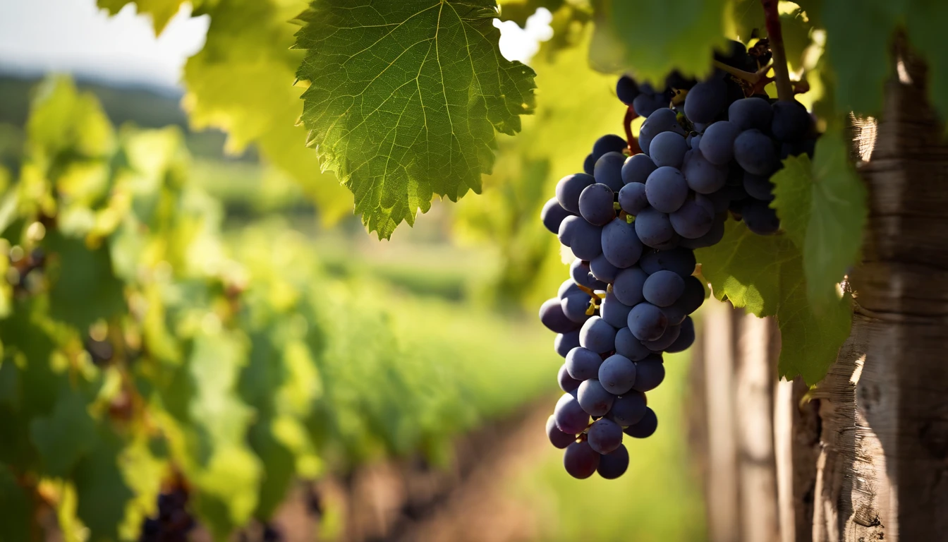 a high-resolution shot of a grapevine in a vineyard, with lush green leaves and clusters of grapes, evoking the beauty and abundance of nature’s harvest