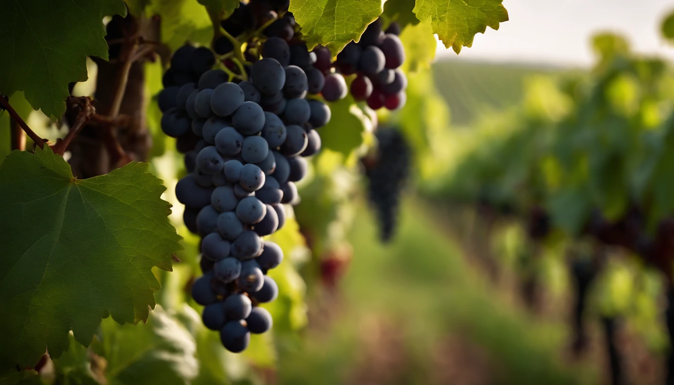 a high-resolution shot of a grapevine in a vineyard, with lush green leaves and clusters of grapes, evoking the beauty and abundance of nature’s harvest