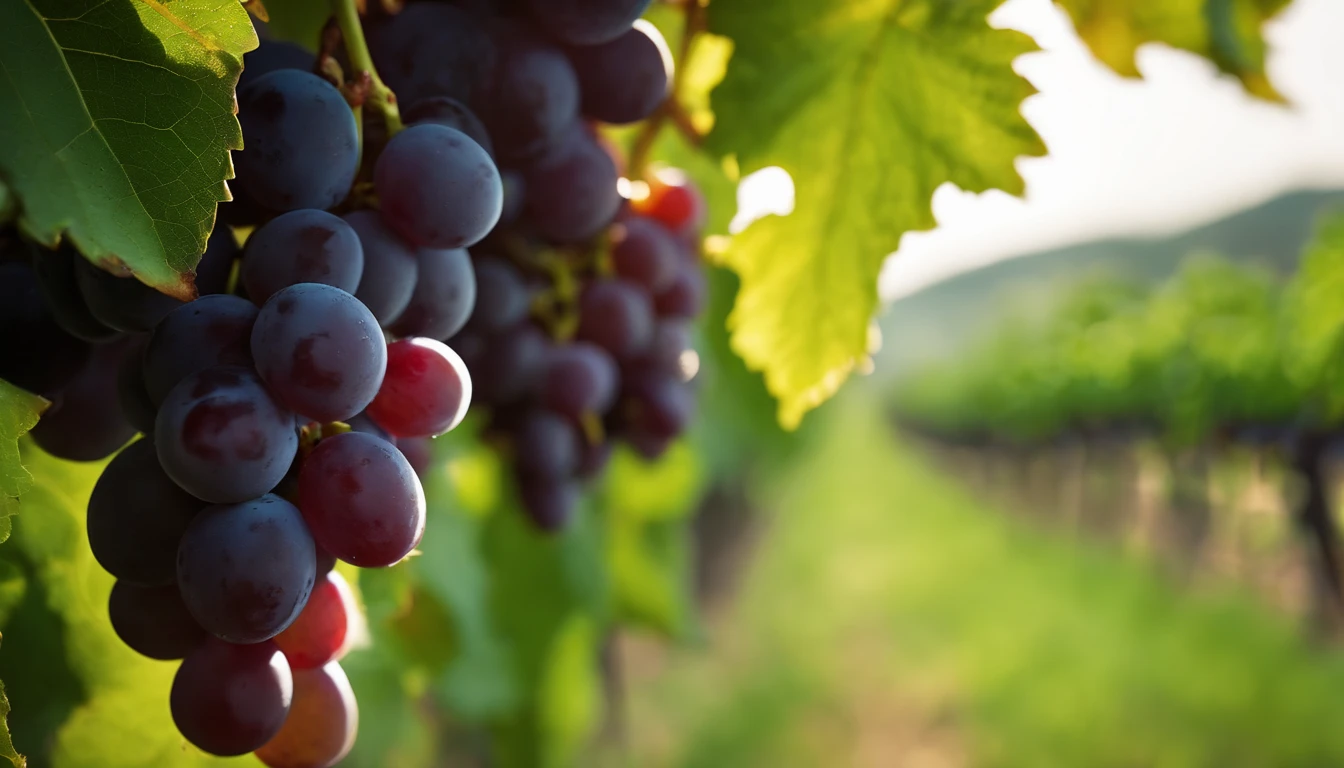 a high-resolution shot of a grapevine in a vineyard, with lush green leaves and clusters of grapes, evoking the beauty and abundance of nature’s harvest