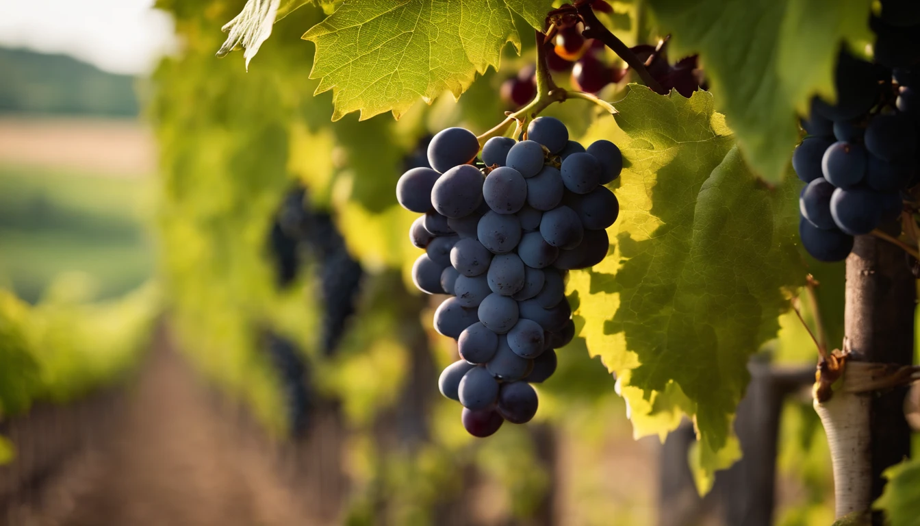 a high-resolution shot of a grapevine in a vineyard, with lush green leaves and clusters of grapes, evoking the beauty and abundance of nature’s harvest