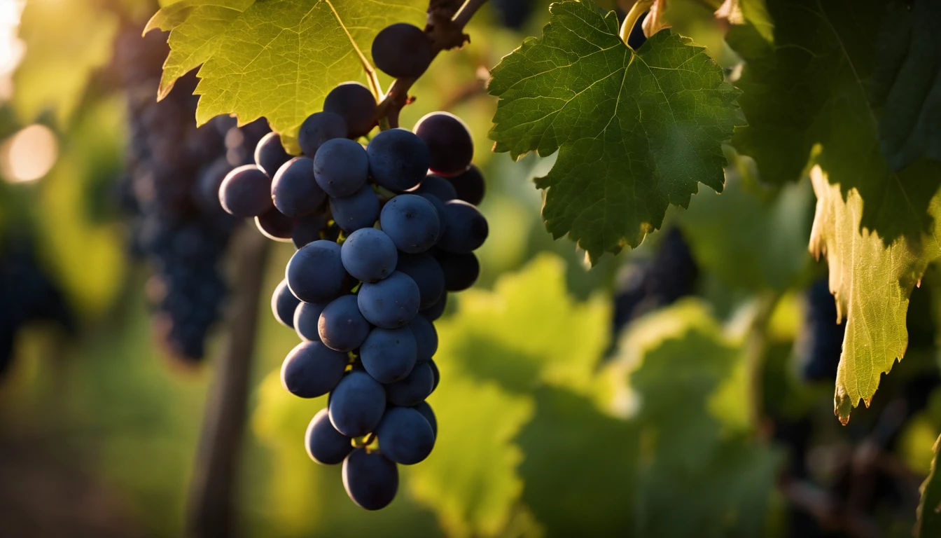 a high-resolution shot of a grapevine in a vineyard, with lush green leaves and clusters of grapes, evoking the beauty and abundance of nature’s harvest