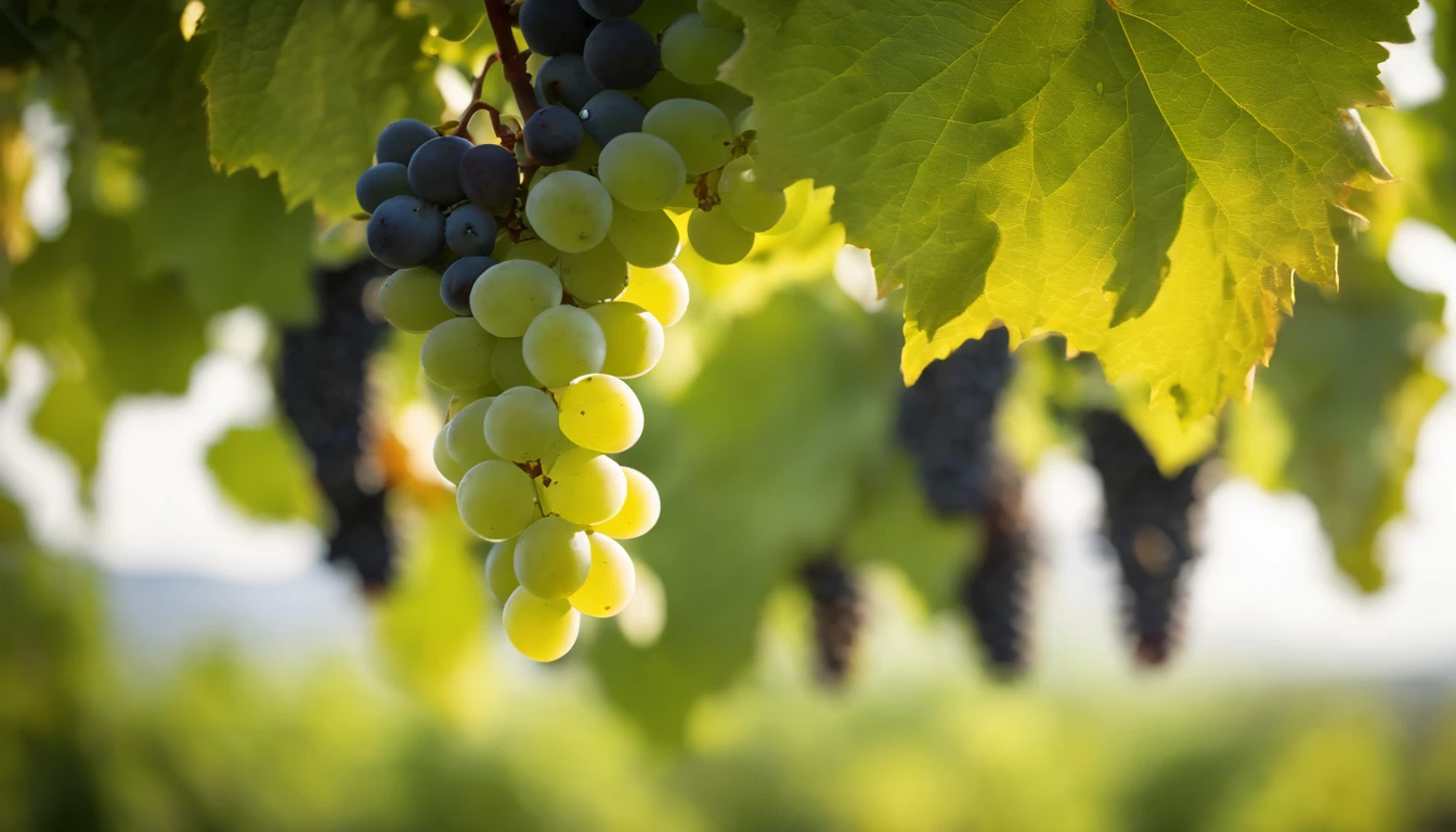 a high-resolution shot of a grapevine in a vineyard, with lush green leaves and clusters of grapes, evoking the beauty and abundance of nature’s harvest