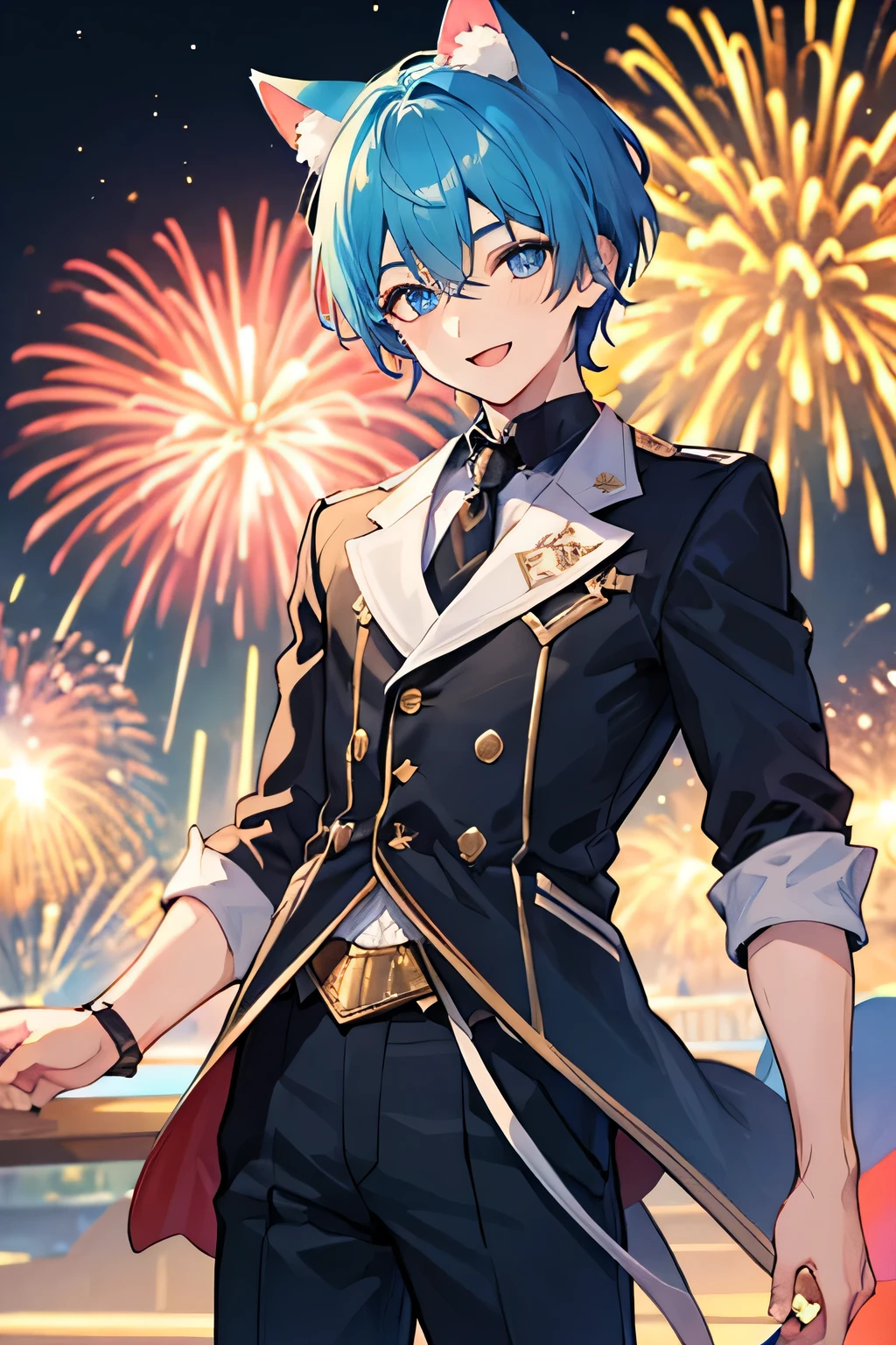((1boy)), background with fireworks, blue short hair and blue cat ears, blue eyes, happy expression, smile, he wears a flashy outfit