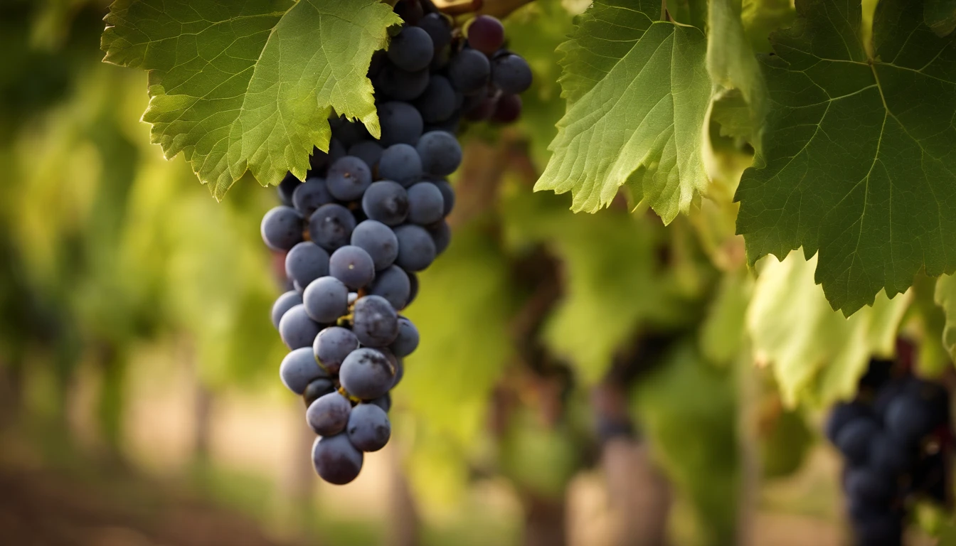 a high-resolution shot of a grapevine in a vineyard, with lush green leaves and clusters of grapes, evoking the beauty and abundance of nature’s harvest