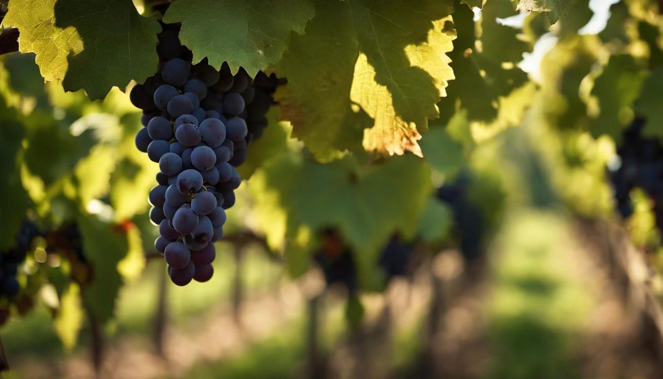 a high-resolution shot of a grapevine in a vineyard, with lush green leaves and clusters of grapes, evoking the beauty and abundance of nature’s harvest