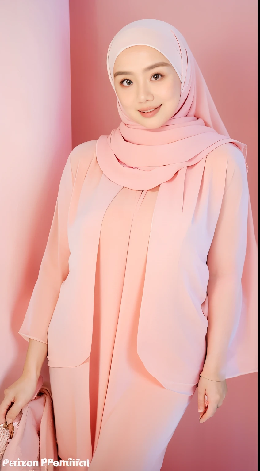1 malay girl , modern plain hijab, shy, medium portrait shot , watery eyes , pink glowing particles, wear pastel pink lingerie,(( big breast)), pink light bokeh background, proportional body,