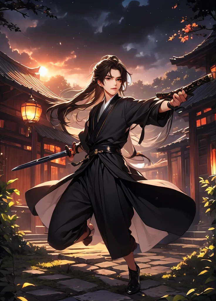 (Best quality,A high resolution,The image is clear，Garden scene，:1.2),a boy holding a sword，Long hair and high ponytail，Stormy weather，overcast day，thin fog，