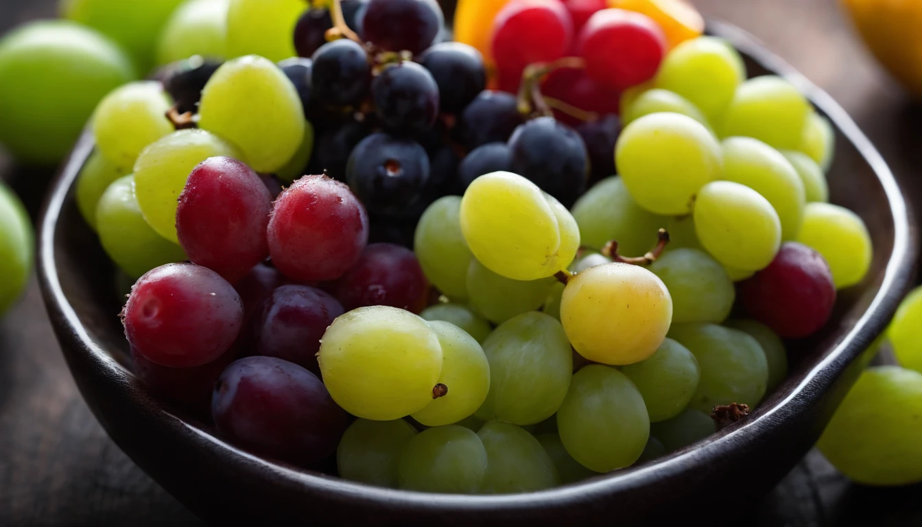 a high-angle shot of a fruit salad featuring a variety of grapes, alongside other colorful fruits, creating an appetizing and visually appealing composition