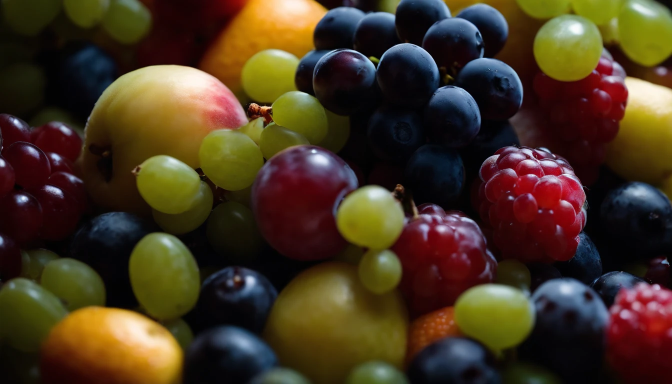 a high-angle shot of a fruit salad featuring a variety of grapes, alongside other colorful fruits, creating an appetizing and visually appealing composition