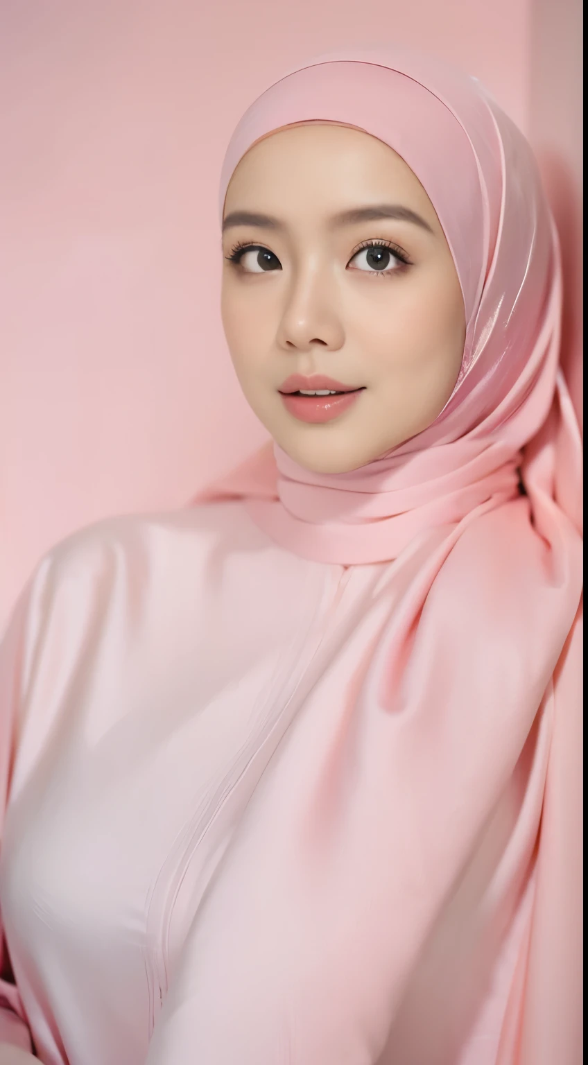 1 malay girl , modern plain hijab, shy, medium portrait shot , watery eyes , pink glowing particles, wear pastel pink lingerie,(( big breast)), pink light bokeh background, proportional body,
