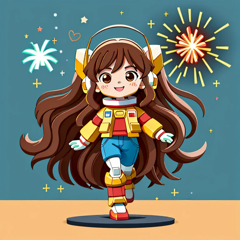 Girl with long brown hair,Put on the Gundam Robot Suit,holding love(holy love)(firework)放firework,(There is love)Happy,Surrounded by love,Surrounded by love,O sign,vector,line art,designs,inspiration,straight line,RHAD