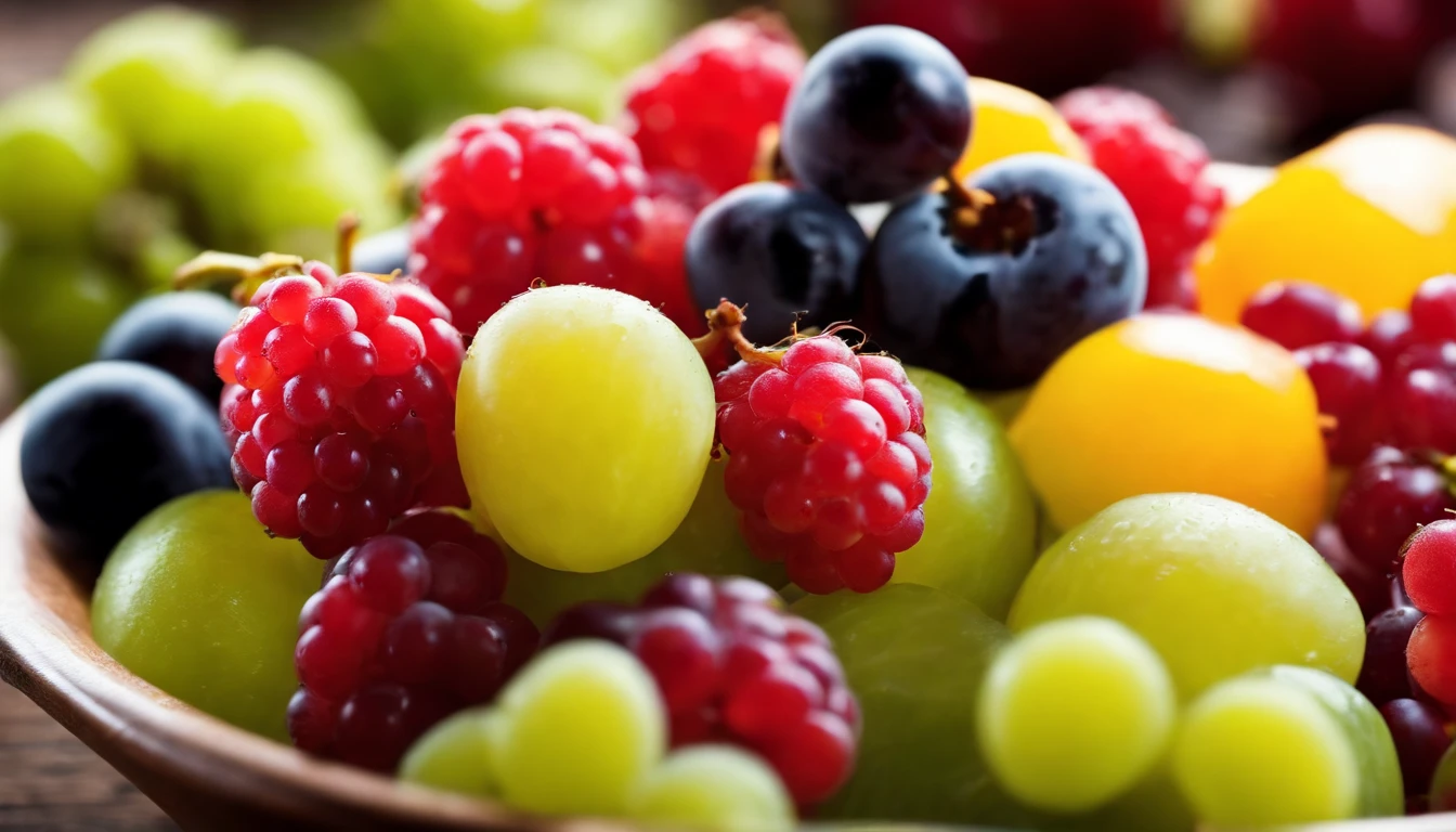 a high-angle shot of a fruit salad featuring a variety of grapes, alongside other colorful fruits, creating an appetizing and visually appealing composition