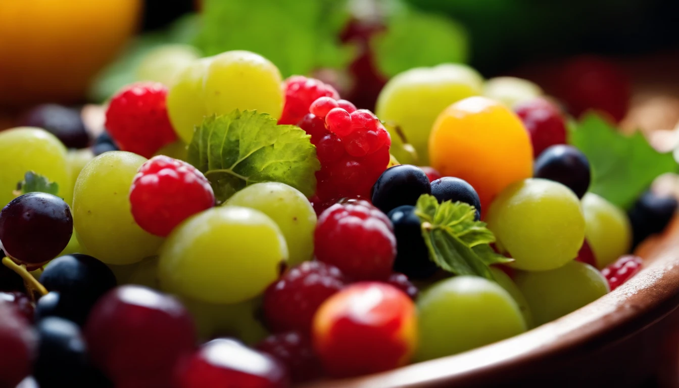 a high-angle shot of a fruit salad featuring a variety of grapes, alongside other colorful fruits, creating an appetizing and visually appealing composition