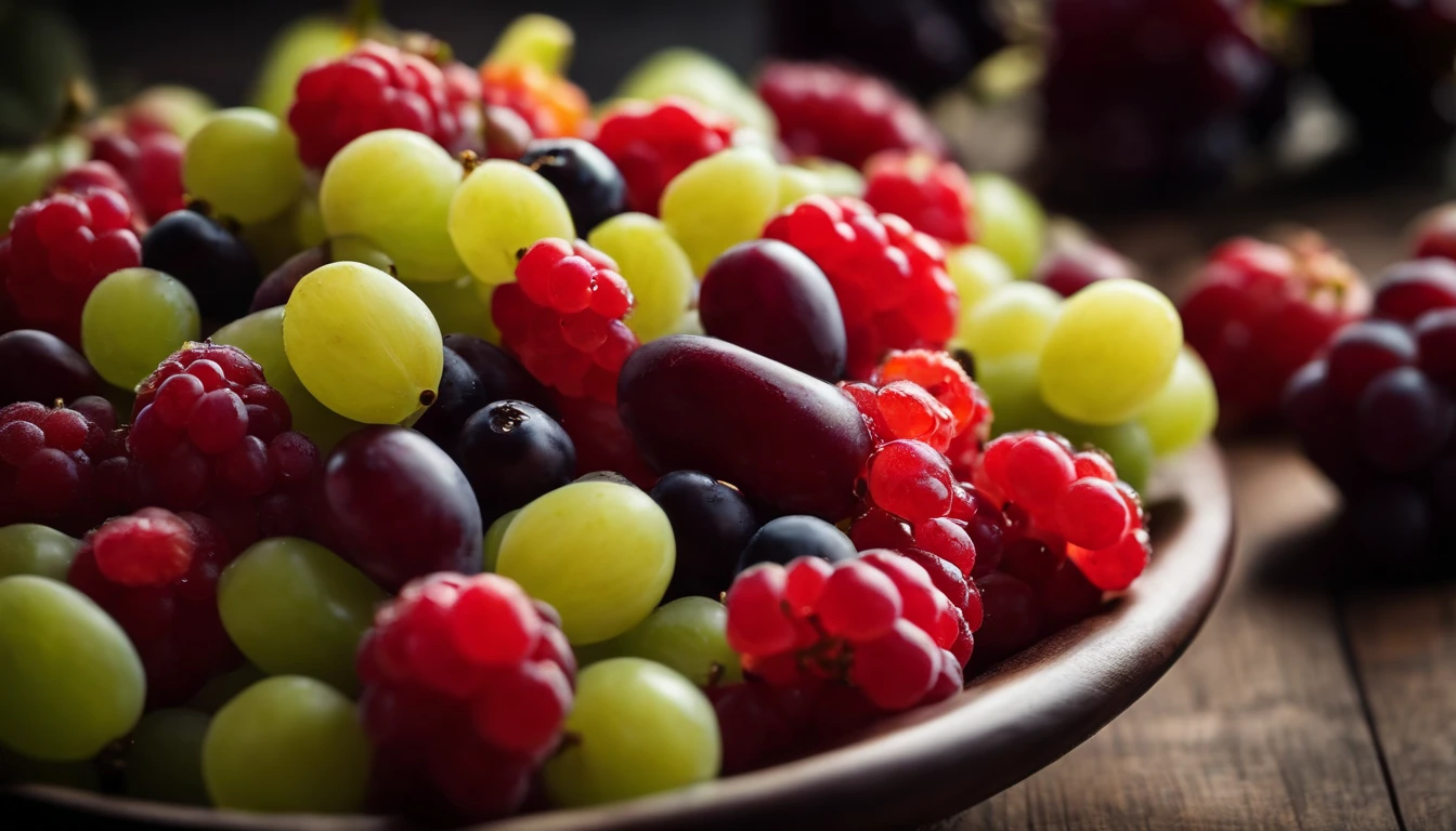 a high-angle shot of a fruit salad featuring a variety of grapes, alongside other colorful fruits, creating an appetizing and visually appealing composition