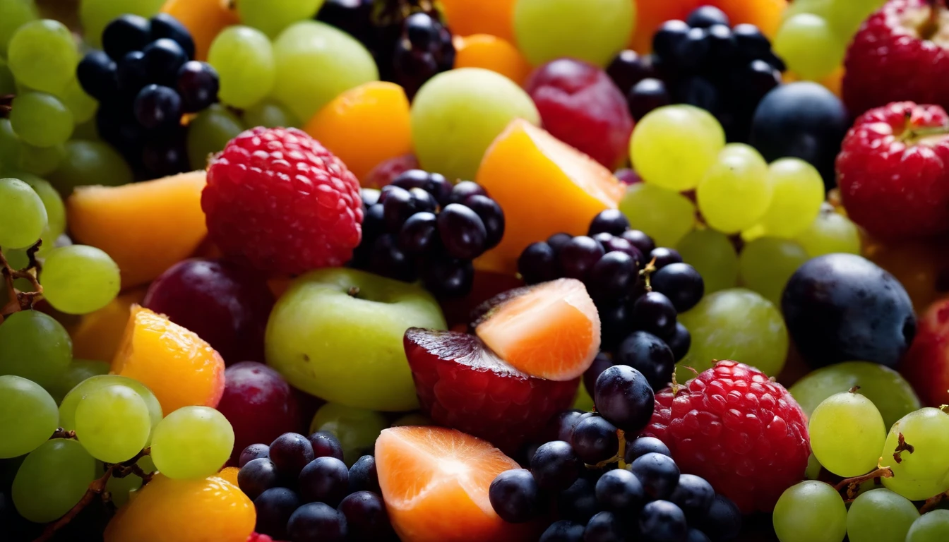 a high-angle shot of a fruit salad featuring a variety of grapes, alongside other colorful fruits, creating an appetizing and visually appealing composition