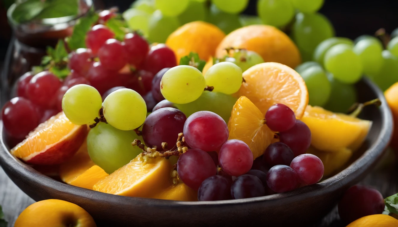 a high-angle shot of a fruit salad featuring a variety of grapes, alongside other colorful fruits, creating an appetizing and visually appealing composition