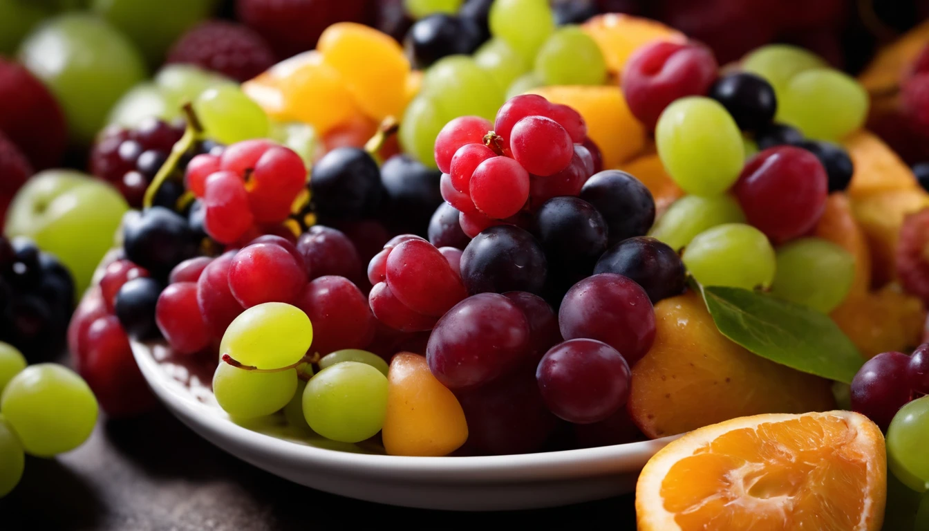 a high-angle shot of a fruit salad featuring a variety of grapes, alongside other colorful fruits, creating an appetizing and visually appealing composition