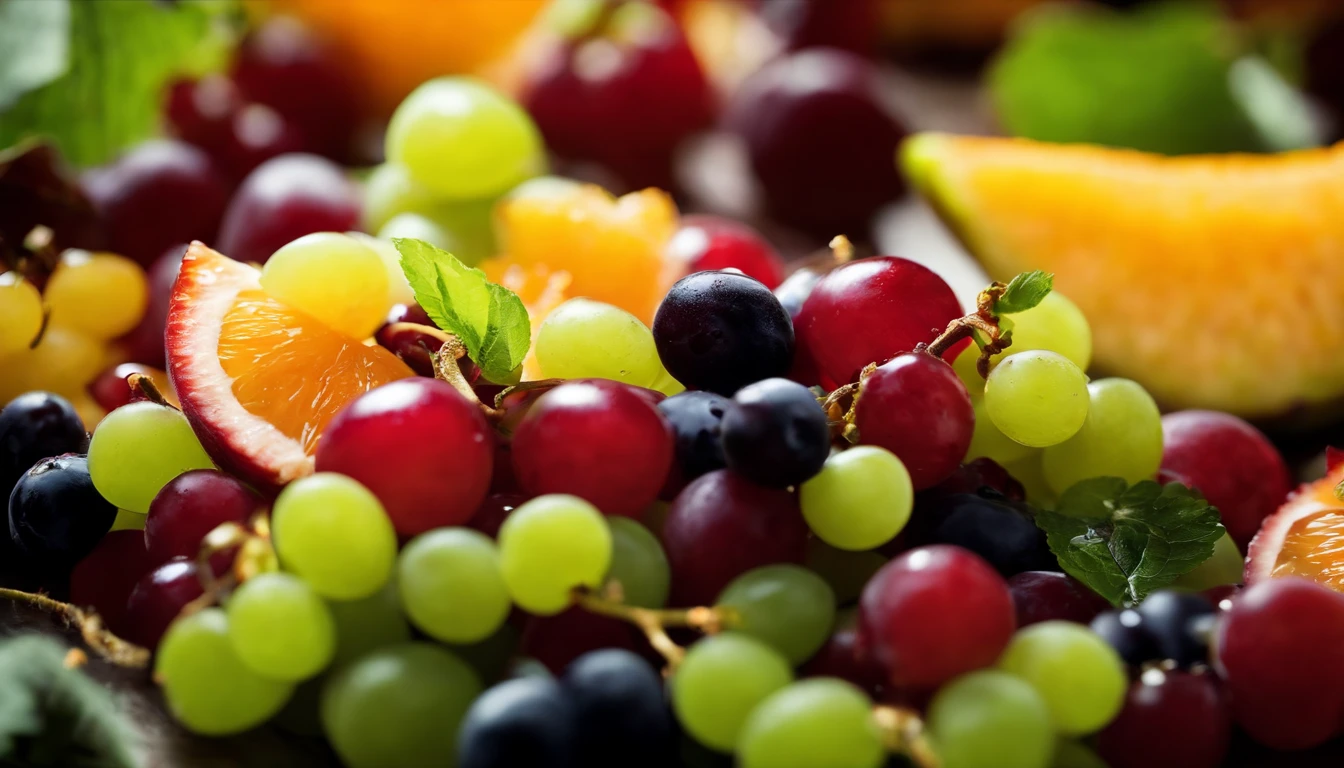 a high-angle shot of a fruit salad featuring a variety of grapes, alongside other colorful fruits, creating an appetizing and visually appealing composition