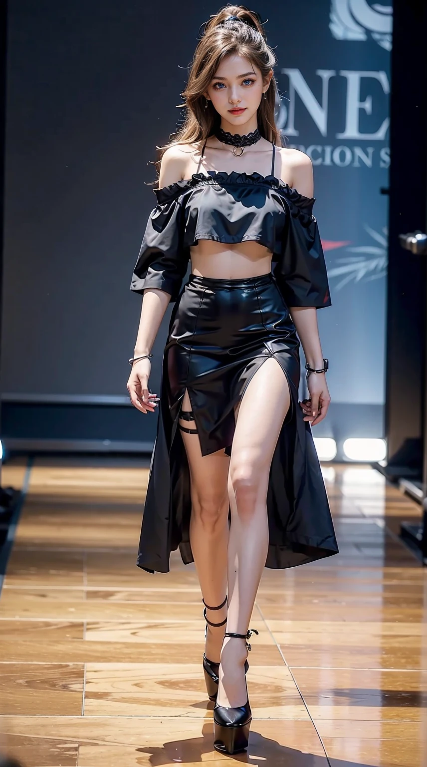 25-year-old Caucasian woman、bionde、blue eyess、Longhaire、My hair is wavy、I'm wearing eyeshadow and lipstick、accessories on the wrist、wearing a choker、Shiny skin、setting hair、a smile、slim muscular body、I don't want my head to disappear from the screen.、I'm wearing high heels、Wearing an off-shoulder top with lace、Abs are cracked、I can see the belly button、I'm wearing a mini-length pleated skirt、I'm wearing high heels、Walking down the fashion show runway