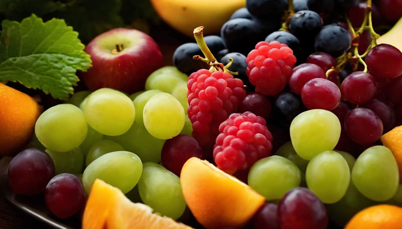 a high-angle shot of a fruit salad featuring a variety of grapes, alongside other colorful fruits, creating an appetizing and visually appealing composition