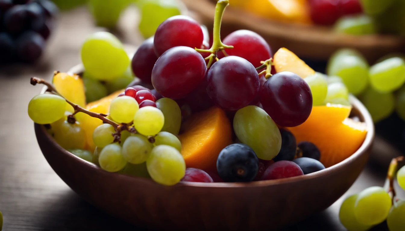 a high-angle shot of a fruit salad featuring a variety of grapes, alongside other colorful fruits, creating an appetizing and visually appealing composition