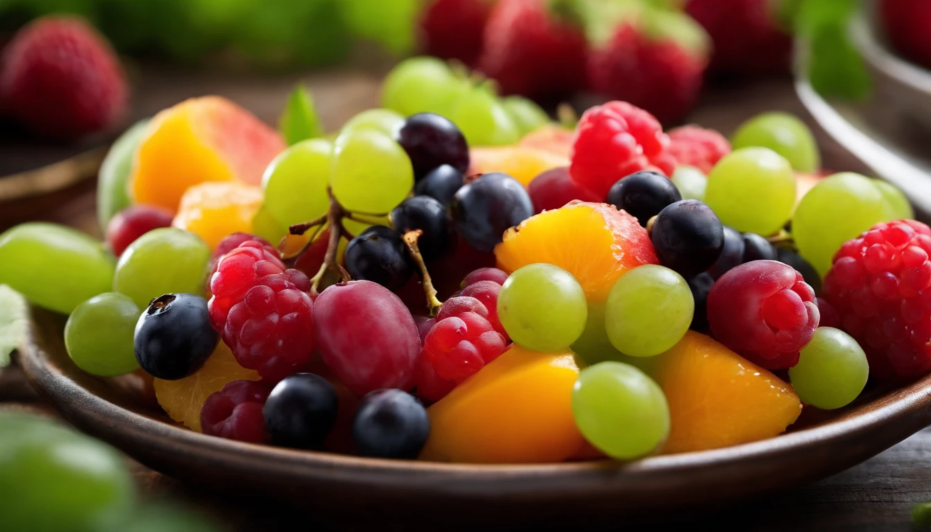 a high-angle shot of a fruit salad featuring a variety of grapes, alongside other colorful fruits, creating an appetizing and visually appealing composition