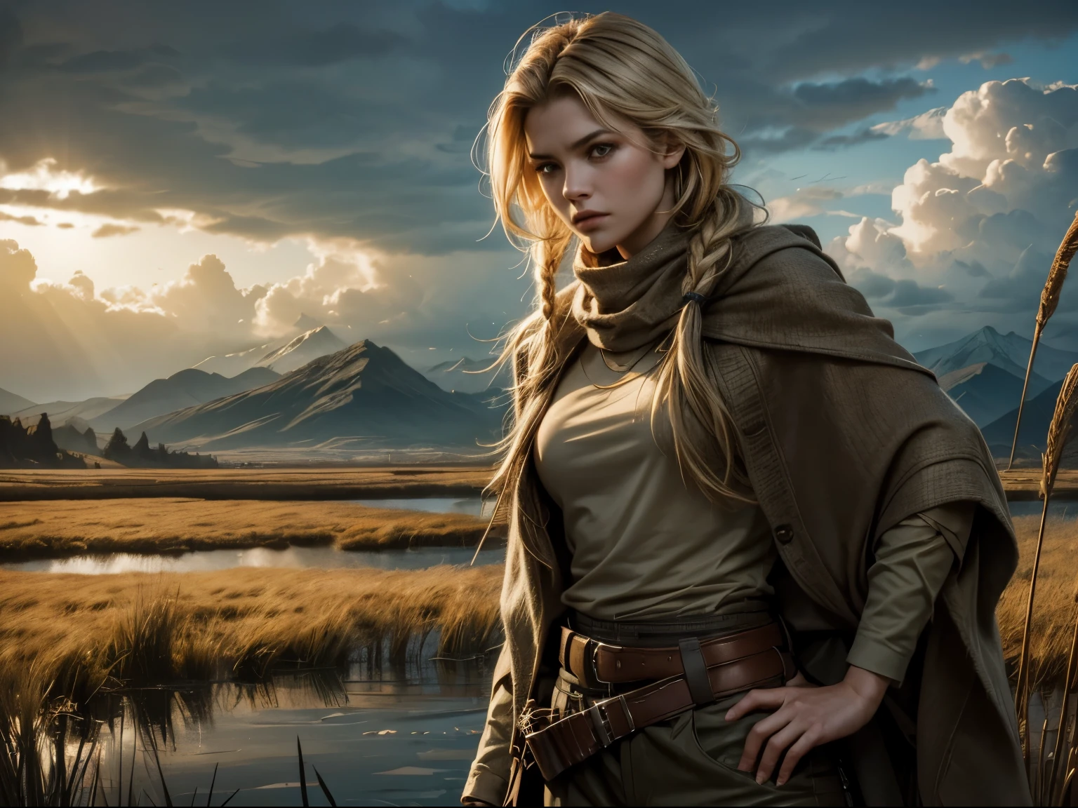 Photorealistic, book cover mockup, dramatic lighting, close-up of Sorcha Groundsell on right hand side, scruffy camouflage poncho and trousers, keffiyeh, belt with gun holster, long braided blonde hair, fierce expression, flooded marshes, reed beds with bulrushes, night-time