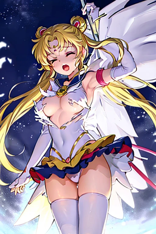 masterpiece,best quality,highly detailed,1girl,solo,blush, hologram,holographic body, dynamic pose,holographic dress, eternal sailor moon, disintegrate effect, from below, big breast, wind blowing, torn clothes, tearing clothes, closed eyes, screaming, tilt head