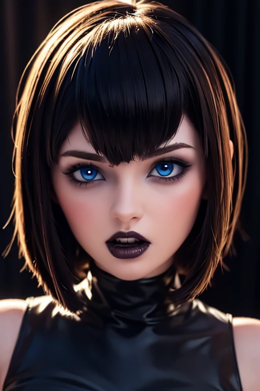 Fine detailed face, perfect blue eyes, pale skin, gothic makeup, short hair with bob style bangs, thick lips and open mouth showing vampire fangs., modelo realmente sorprendente y original cuerpo completo 1.2 high resolution 12k