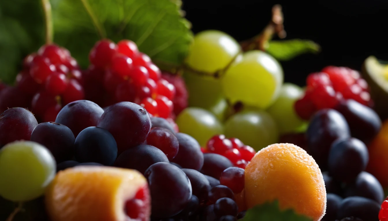 a high-angle shot of a fruit salad featuring a variety of grapes, alongside other colorful fruits, creating an appetizing and visually appealing composition