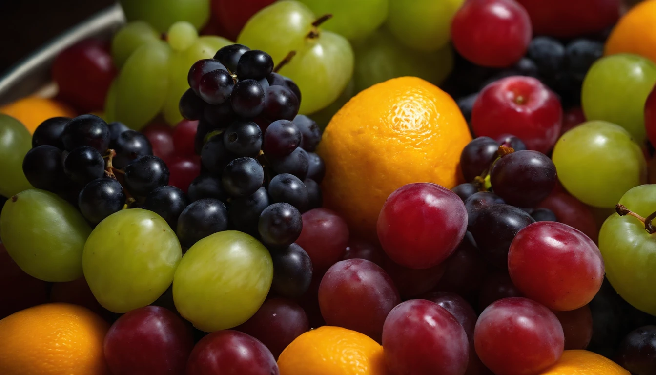a high-angle shot of a fruit salad featuring a variety of grapes, alongside other colorful fruits, creating an appetizing and visually appealing composition