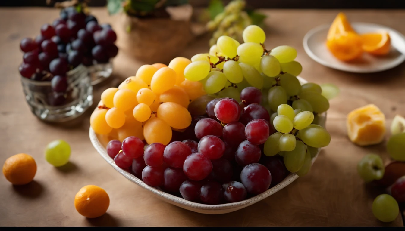 a high-angle shot of a fruit salad featuring a variety of grapes, alongside other colorful fruits, creating an appetizing and visually appealing composition