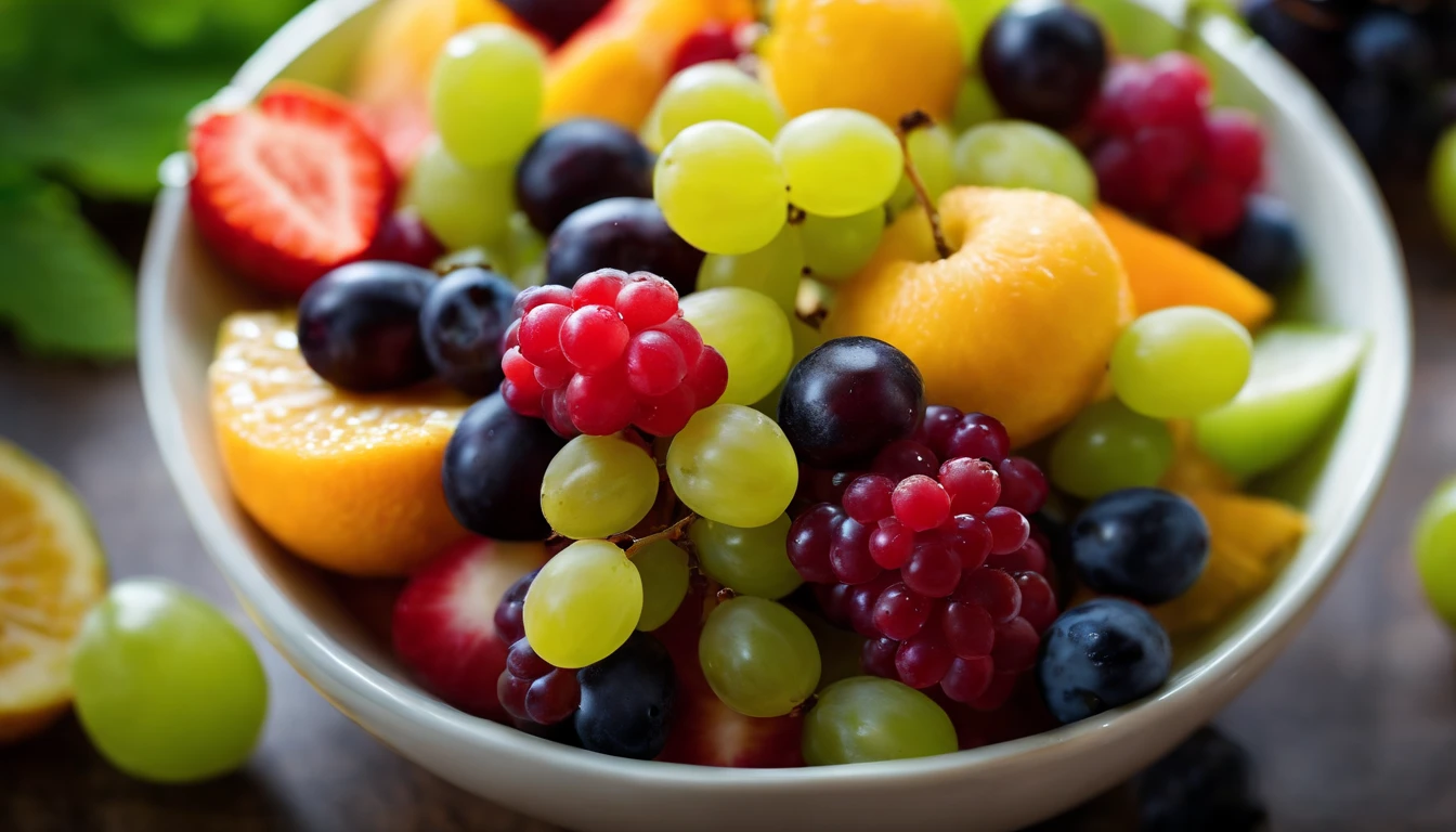 a high-angle shot of a fruit salad featuring a variety of grapes, alongside other colorful fruits, creating an appetizing and visually appealing composition