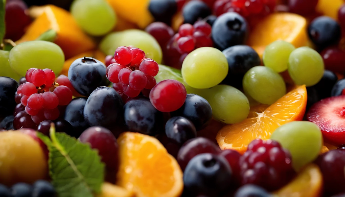 a high-angle shot of a fruit salad featuring a variety of grapes, alongside other colorful fruits, creating an appetizing and visually appealing composition