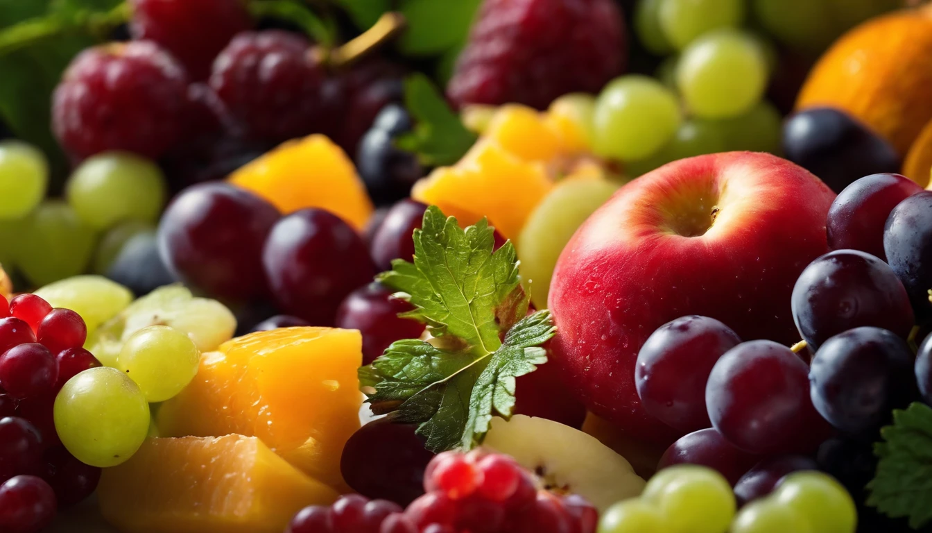a high-angle shot of a fruit salad featuring a variety of grapes, alongside other colorful fruits, creating an appetizing and visually appealing composition